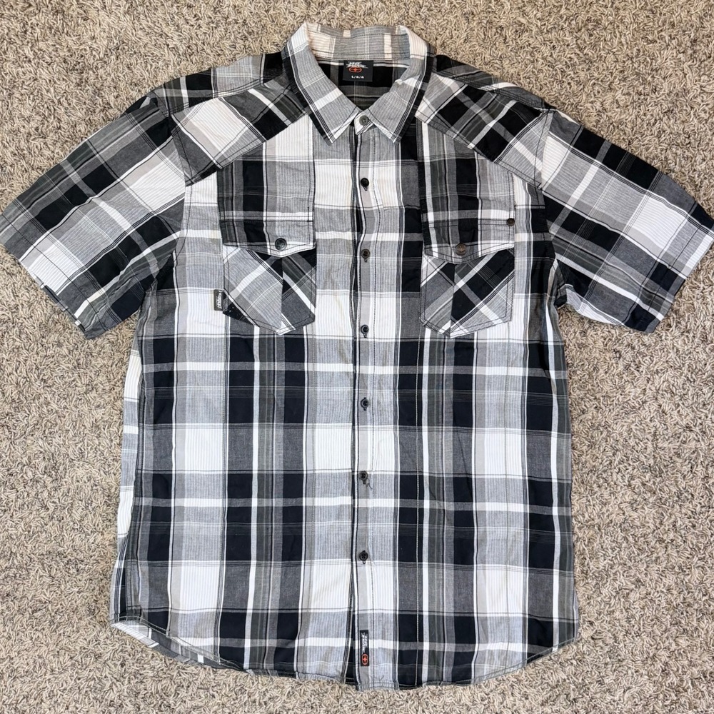 No Fear Mens Plaid Short Sleeve Button Down Shirt Black White Grey Yoke Large